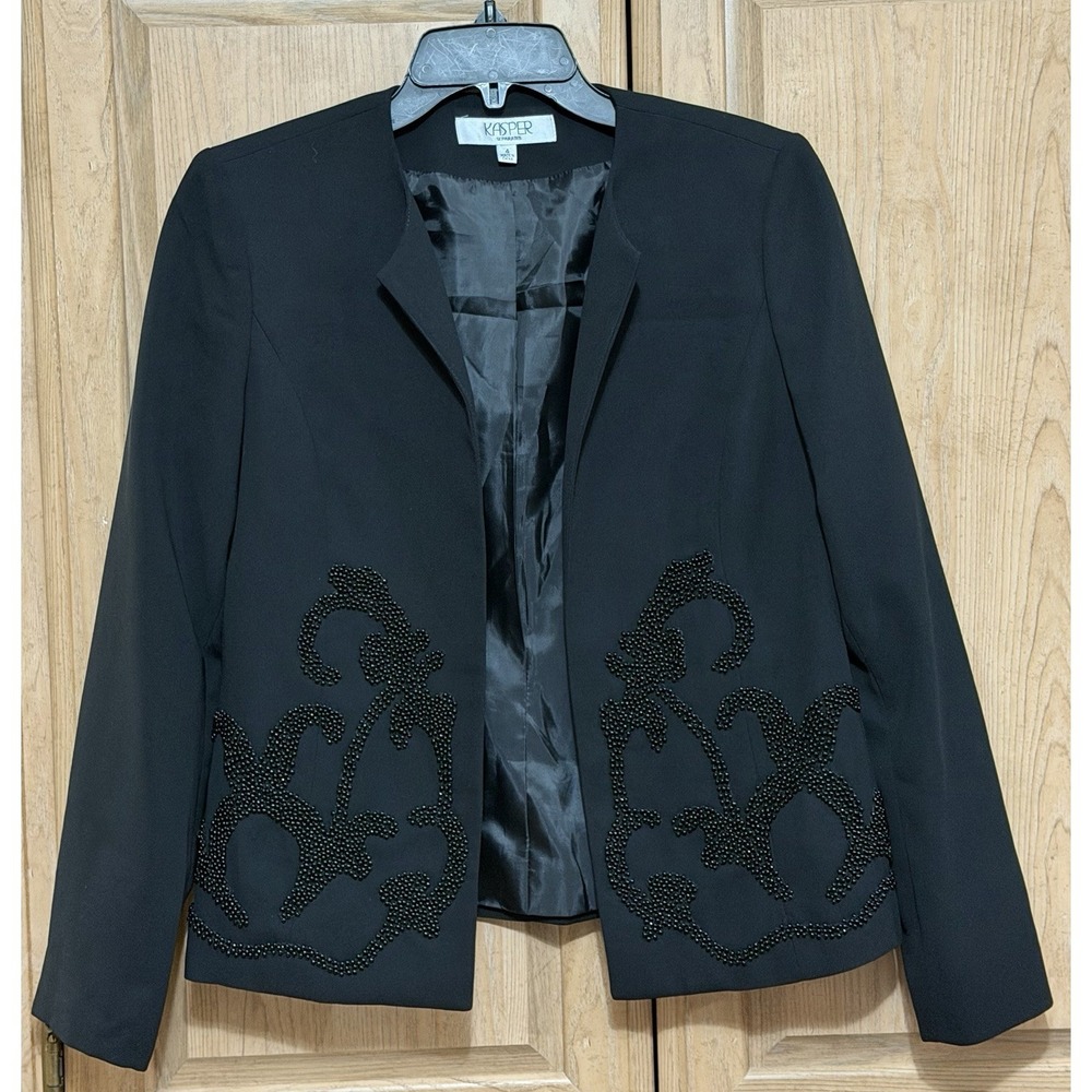 Kasper Separates Jacket Size 4 Black Beaded Open Front Blazer Lined Career Work